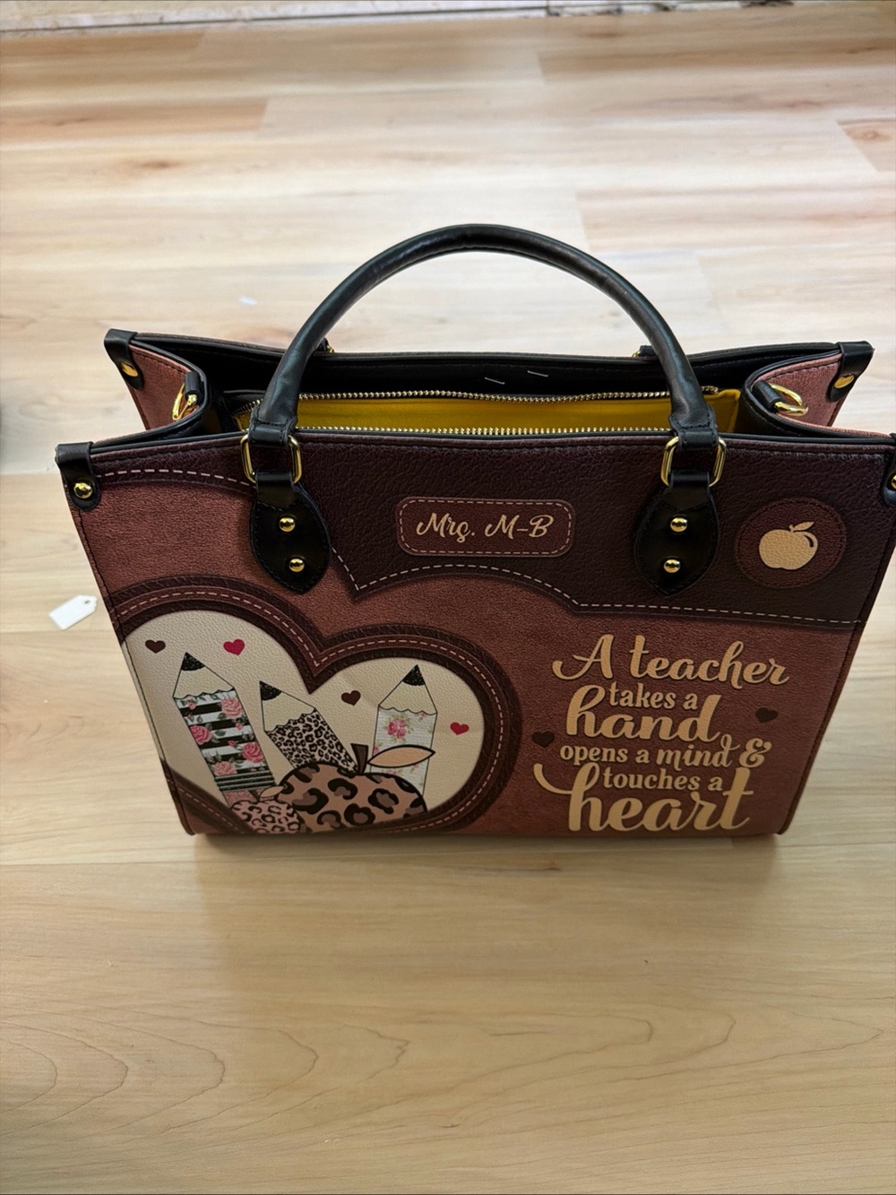 Brown Teacher Tote Bag with Heart Pencil Design